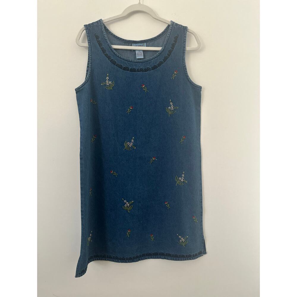 Jane Ashley Denim Tank Dress Womens Medium Blue Embroidered Sleeveless Casual